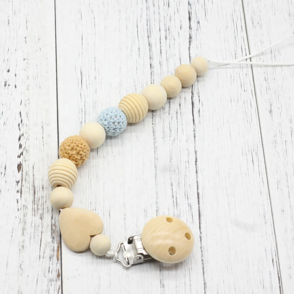 

Neutral color baby Pacifier Clip Holder with beech key Shaped Pendant Dummy holder Crochet beads new-born gift