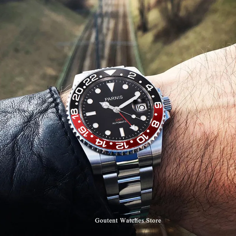 

40mm Parnis GMT Mechanical Watches luminous marks sapphire glass automatic Mens Watch