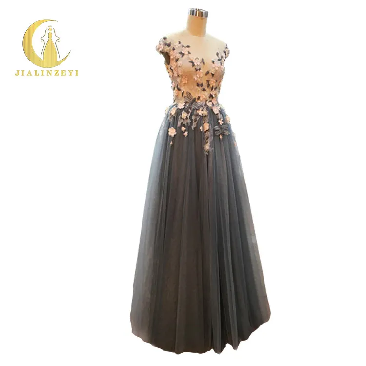 

JIALINZEYI Real Pictures Crew Neck Sexy Lace with Flowers Luxurious Floor Length Party evening Dresses Fromal dresses