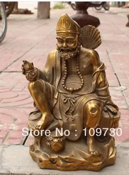 

00240 12"Chinese Bronze almsgiving monk Jigong Chai gong Hold Fan calabash Bead Statue