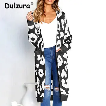 

Autumn New Leopard Pocket Long Cardigans Women Winter Warm Long Sleeve Open Stitch Sweater Casual Soft Loose Overcoats Female