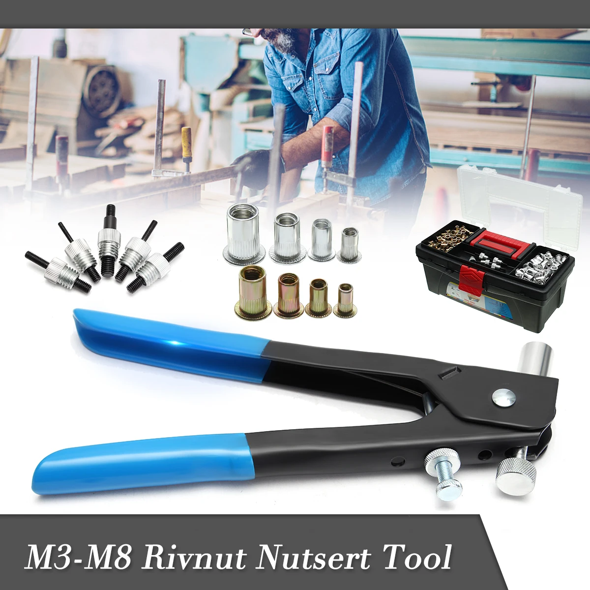 

1600Pieces M3 M4 M5 M6 M8 Blind Rivet Nut Rivnut Nutsert Insert Tool Box Kit Steel+Aluminum Precise Mould Anti-slip Carry Handle