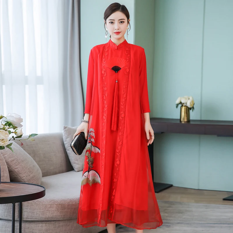 

Red Dress Maxi Women Plus Size 2 Piece Dresses with Cardigan Summer 2019 Elegant Vintage Chinese Party Night Floral Clothing