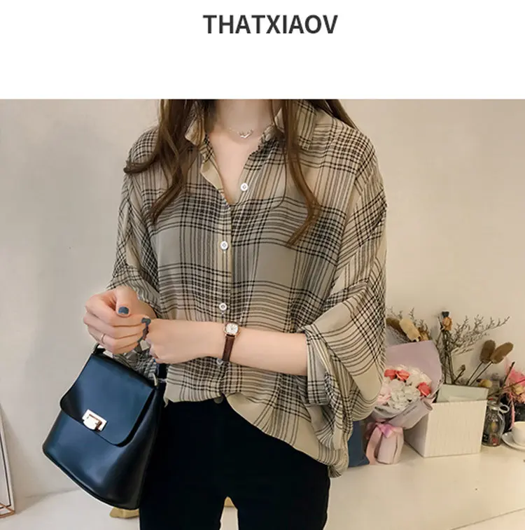 2019 Autumn Chic Plaid Shirts Women Batwing Sleeve Chiffon Blouses Casual Chemise Femme Tops Plus Size Tartan Blusas Mujer (6)