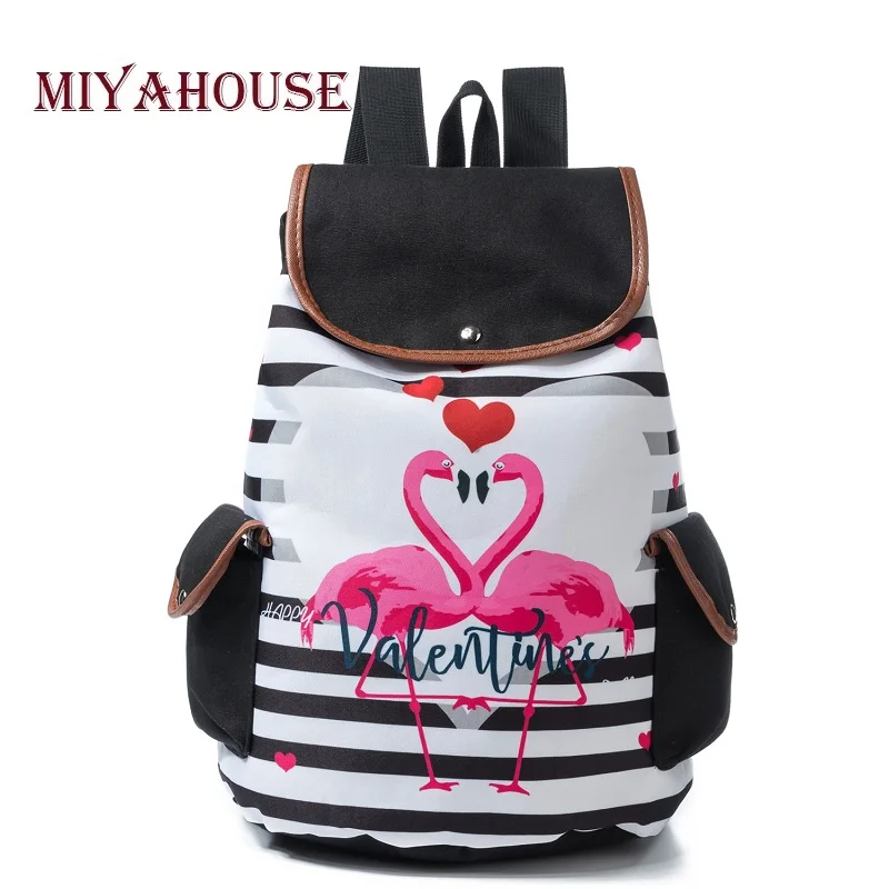 cheap Miyahouse Striped And Flamingo Print Backpack Women Fashion Cartoon Canvas Ladies School Backpack Drawstring Design Travel Bag