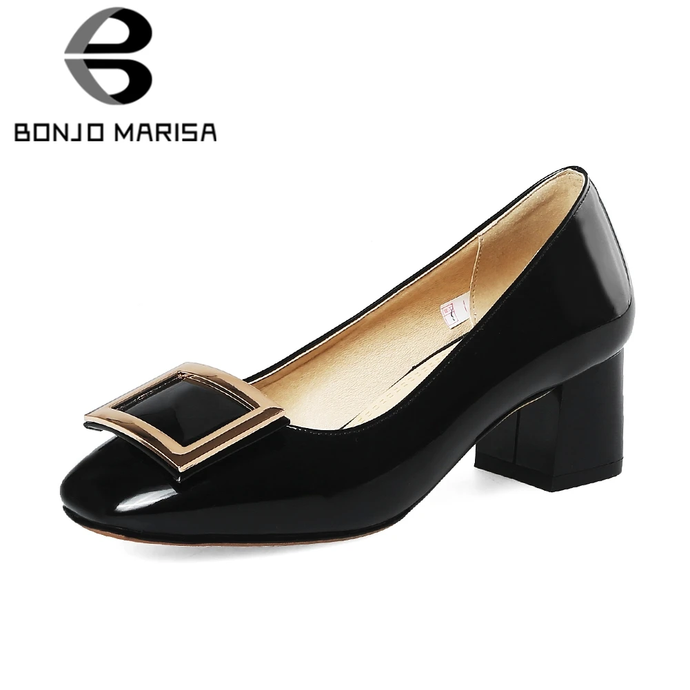 

BONJOMARISA 2018 Brand Design Slip On Square Heels Solid Women Pumps Shoes Woman Square Toe Black Pumps Big Size 32-43