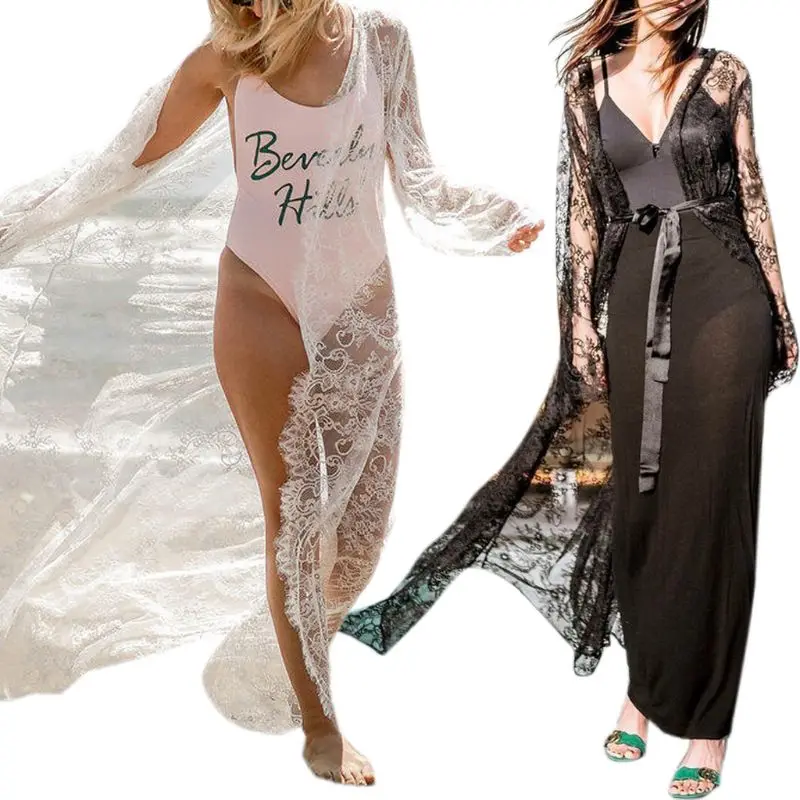 

Women Long Sleeve Summer Sexy Sheer Eyelash Lace Kimono Cardigan Open Front Self-Tie Bikini Cover Up Maxi Long Loose Beach Robe
