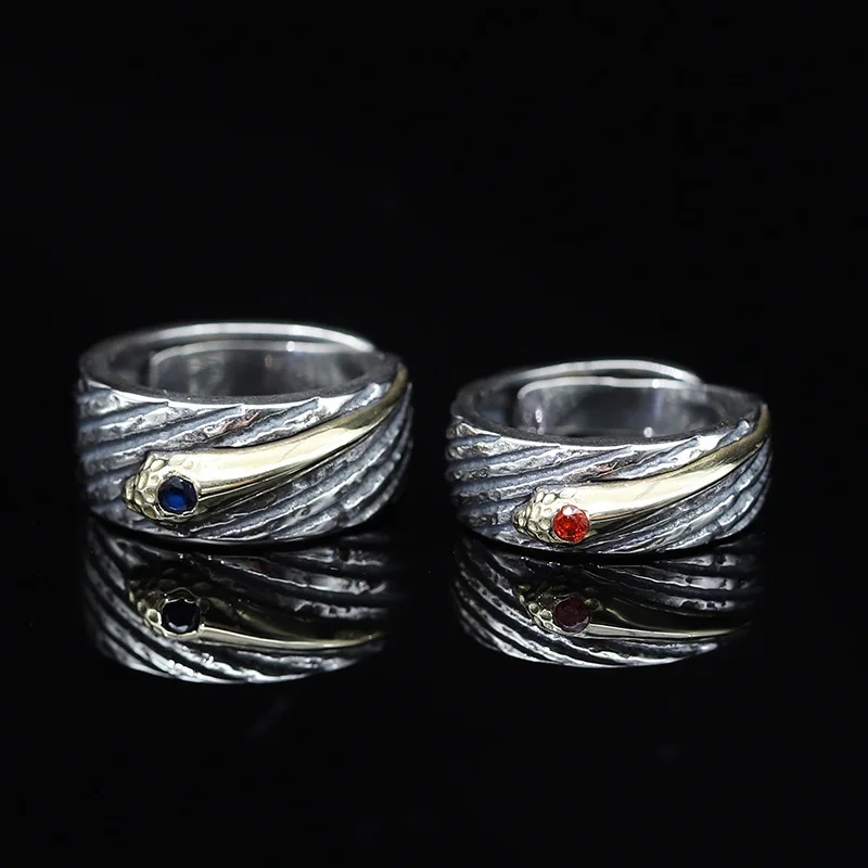 

925 Sterling Silver personality retro Thai silver craft ring red and blue ring openings