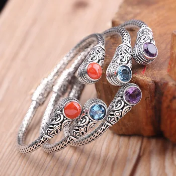 

Retro Amethyst Gemstone Bangle Jewelry For Women 2019 Indonesian handmade Topaz 100% 925 Sterling Silver Bangle Anniversary