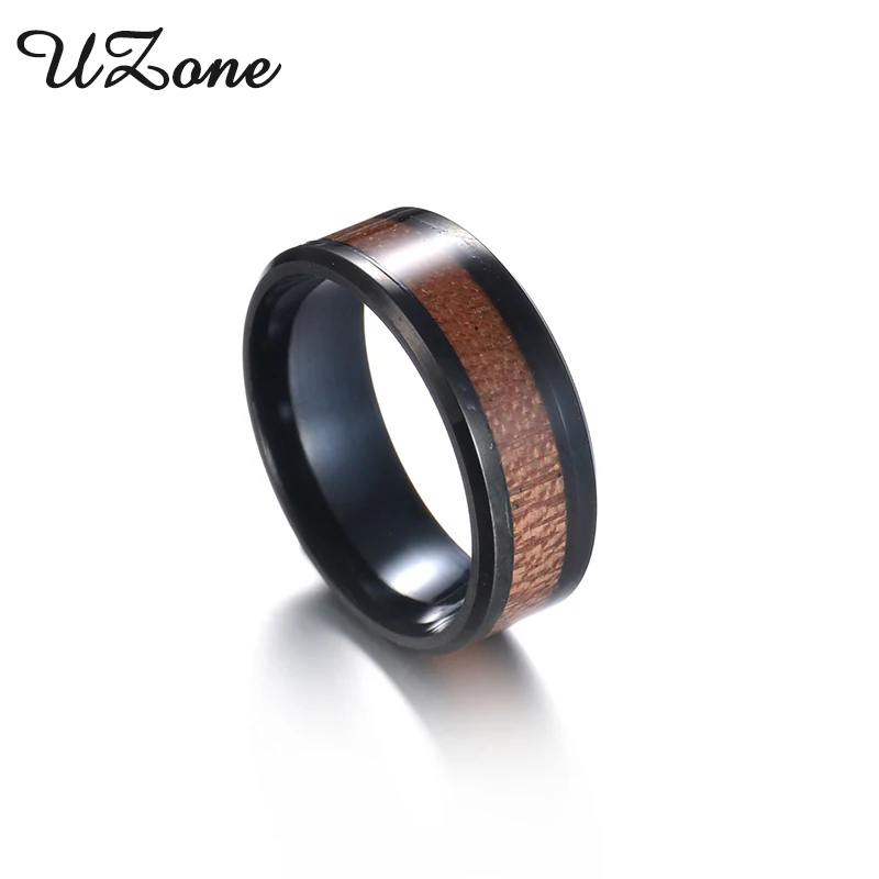 

UZone Wide Band Wood Ring Stainless Steel Black Men Rings Acacia Wood Anel Casal
