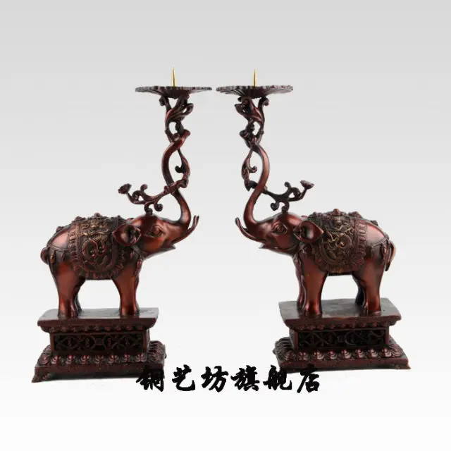 

12'' China Bronze Feng Shui A pair Elephant Candlestick Dragon Statue grosgrain ribbon summer style Decoration wedding Brass