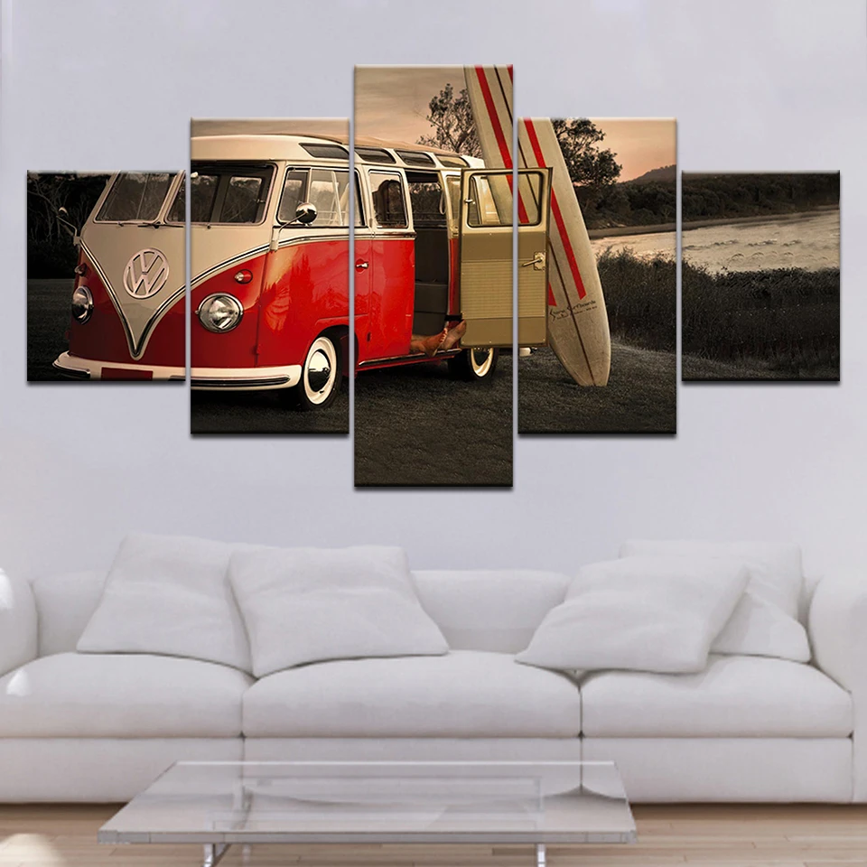 

Artwork Modern Home Wall Art Decor Frame Pictures HD Prints 5 Pieces Retro Volkswagen Bus Car Painting On Canvas Retro Poster