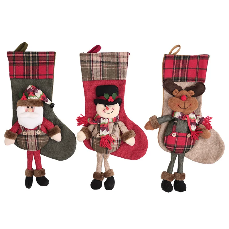 

Retail New Year Christmas stockings hanging plaid linen gift bag fireplace home decoration Xmas tree ornaments candy Party ZB992