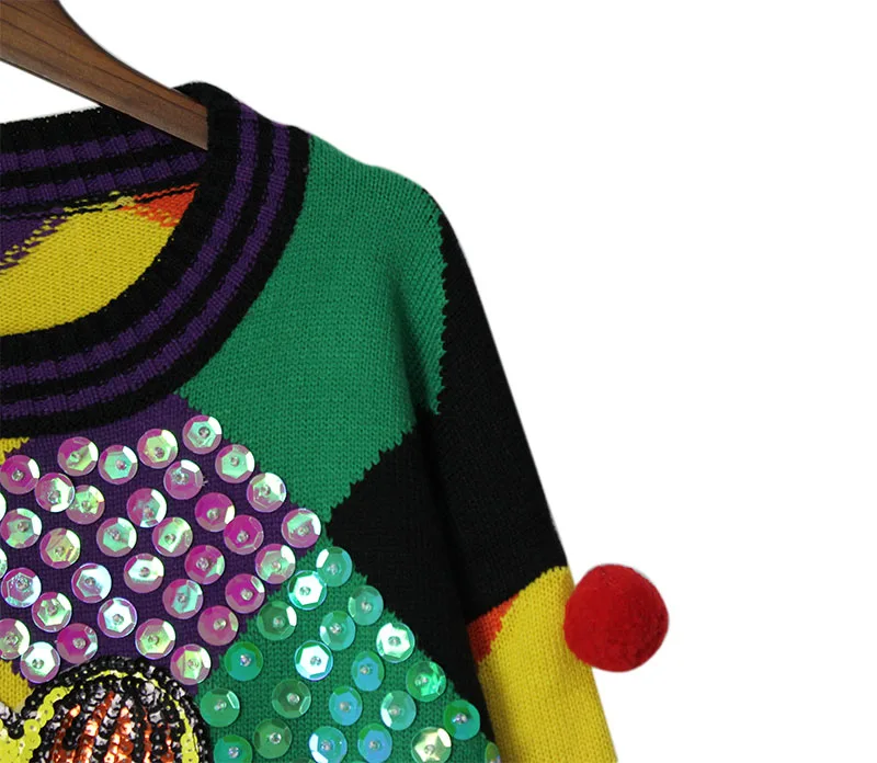 2018 Autumn New Fashion Women Short Sweaters Full Sleeve O-Neck Sequined Colored plaid stripes Pullovers Computer Knitted tops