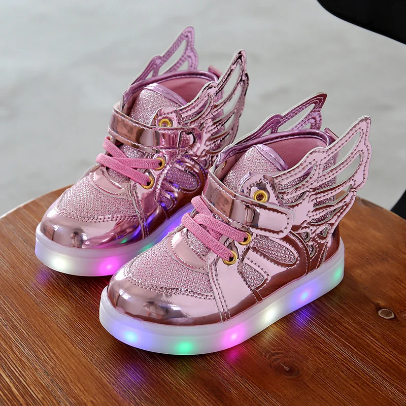 Children shoes with light 2016 Fashion glowing sneakers boys little girls shoes wings canvas flats spring kids light up shoes