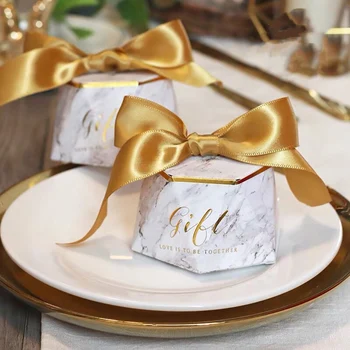 

50pcs New Diamond shape Marble golden/silver Candy Box Wedding Favors And Gifts Party Supplies giveaways Gift Box