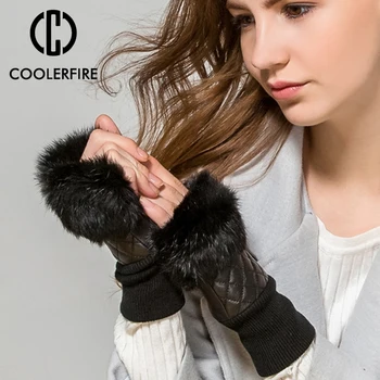 

Fashion Faux Rabbit Fur Gloves Genuine Leather Sheepskin Mittens Keep Warm Winter Gloves for Women Fingerless Gloves ST042