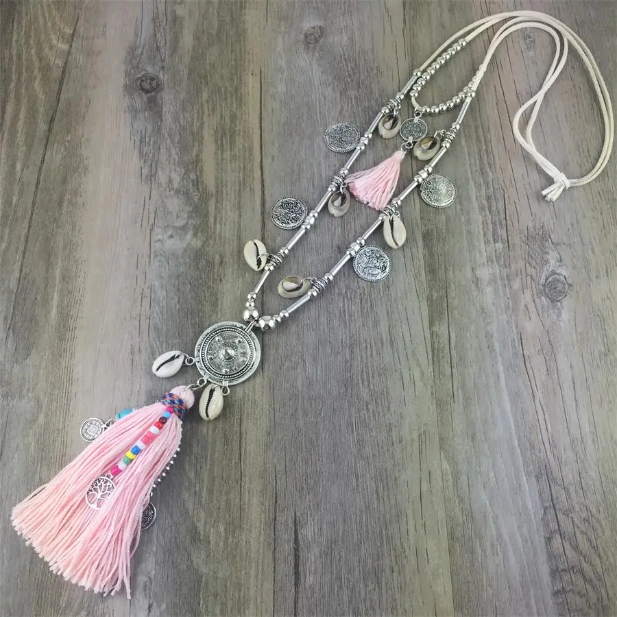 

Boho Long Colar Maxi Necklace New Collares Summer Multi Layer Necklace Cotton Tassel Leather Handmade Jewelry