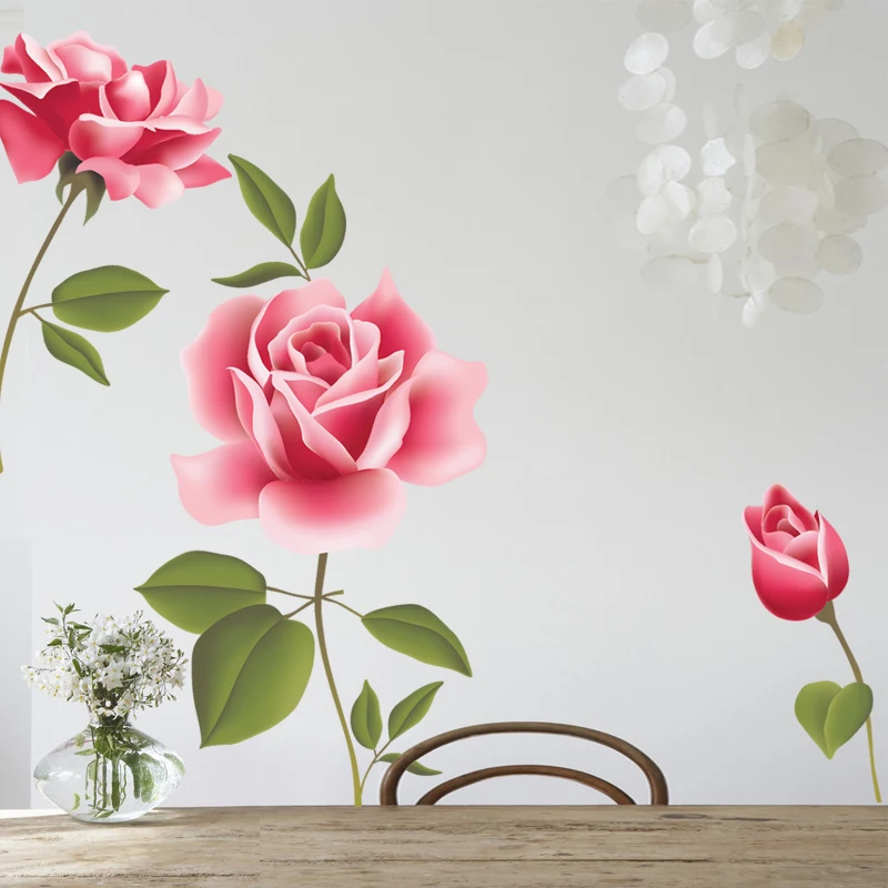 3D Pink Rose Wall Stickers Vinyl Removable Romantic Living Room Home
