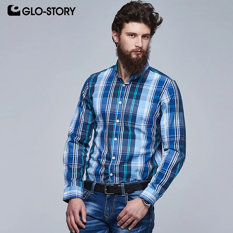 GLO-STORY Men's Cotton Long Sleeve Shirts Men Casual Streetwear Plaid Shirt MCS-5965