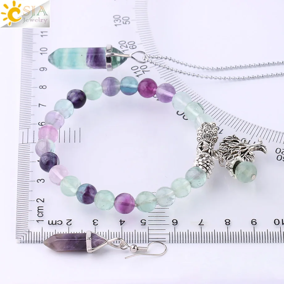 CSJA натуральный камень набор украшений для женщин мужчин флюоритовый браслет шестиугольная форма пули ожерелье серьги с фиолетовым кристаллом подарок F644
