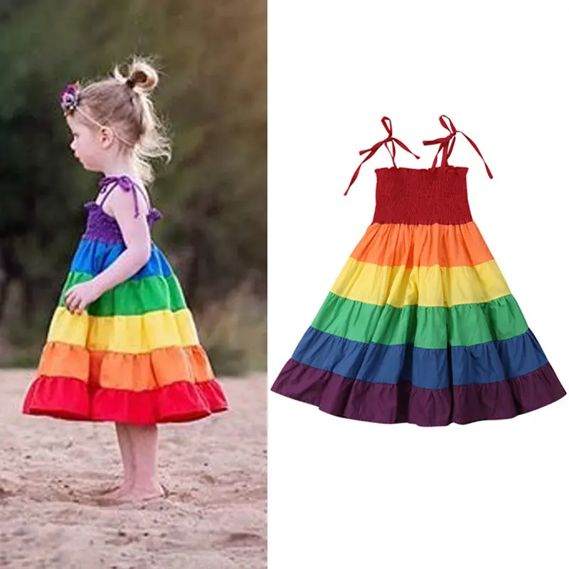 

2018 Princess Dress Kids Baby Lovely Girl Party Wedding Bridesmaid Long Maxi Rainbow Dresses