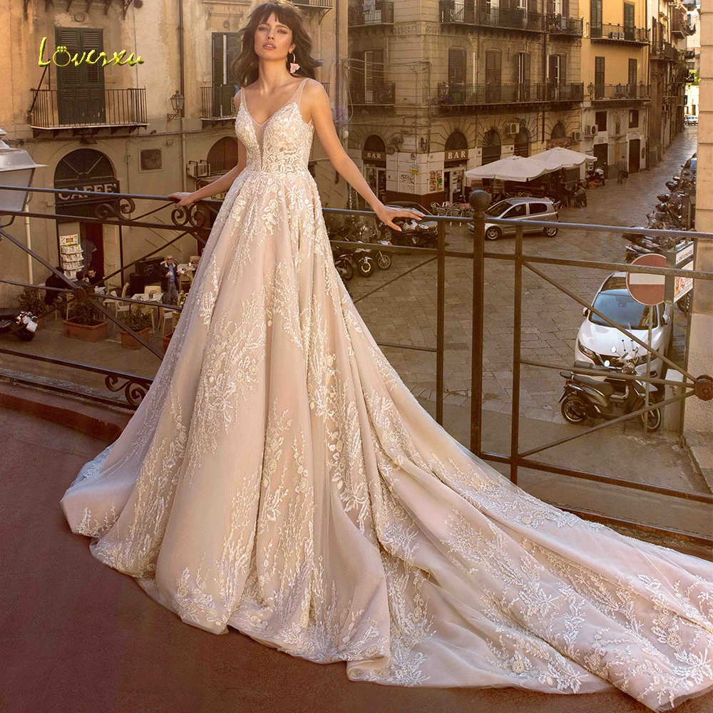 Loverxu свадебное платье трапециевидной формы с v-образным вырезом, шикарное платье с аппликацией из бисера, платье для невесты без спинки, свадебное платье с соборным шлейфом размера плюс