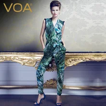 VOA fashion luxury print spandex silk satin loose jumpsuit ladies new sleeveless long trousers K118