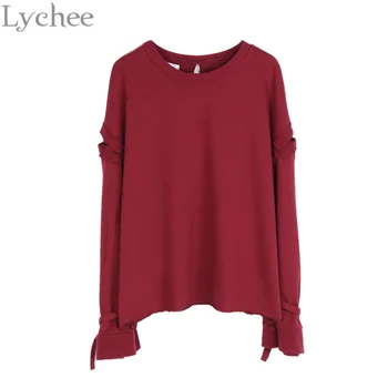 

Lychee Harajuku Streetwear Spring Women Sweatshirt Hollow Out Metal Buckle Flare Sleeve Casual Loose Pullover Tracksuit