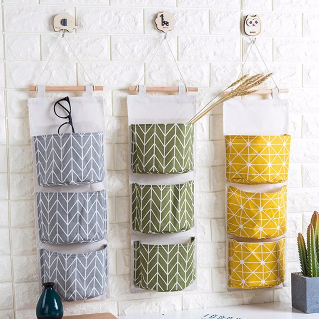  3 Grids Cotton Linen Wall Hanging Storage Bag 3 Pockets Wall Mounted Wardrobe Hanging Bag Cosmetic 
