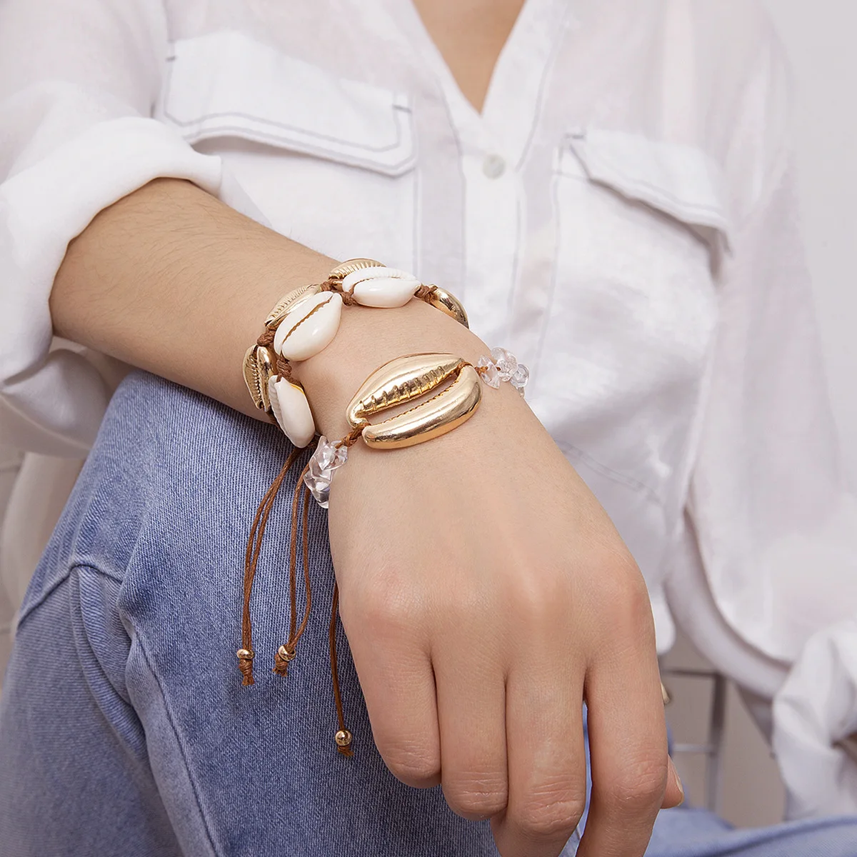 

JOUVAL Summer Romantic Vintage Handmade Bracelets Women Adjustable Rope Chain Shell Wrap Charm Bracelet Summer Beach Jewelry