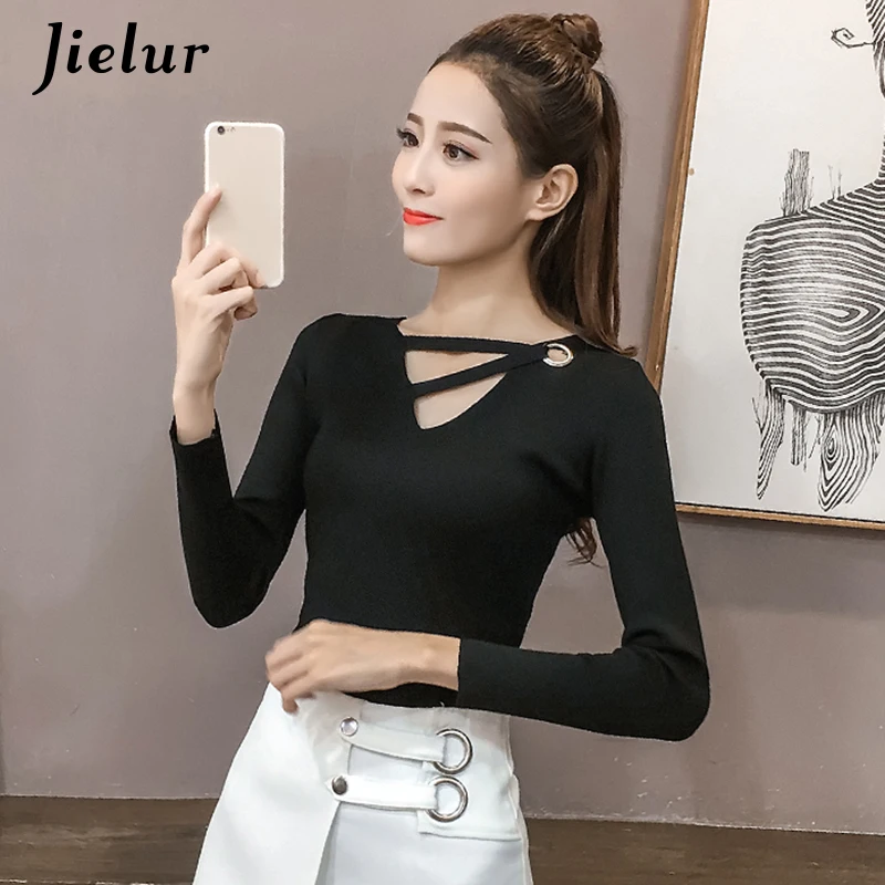 Jielur Autumn Hollow Out V-neck Thin Sweater for Women Winter Chic Sexy Solid Color Knitting Top Femme Elegant Fashion Pullovers Jielur Autumn Hollow Out V-neck Thin Sweater for Women Winter Chic Sexy Solid Color Knitting Top Femme Elegant Fashion Pullovers