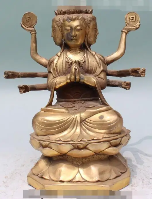 

S00917 9" Rare Chinese Temple Bronze 4 Head 6 Arms Bodhisattva Kwan-Yin Goddess Statue (B0413)