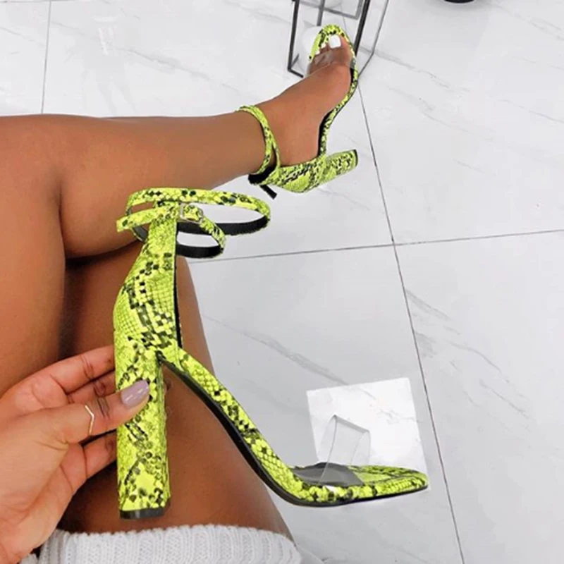 

2019 Women Summer 11.5cm High Heels Green Sandals Lady Block Heels Chunky Pumps Female Valentine Serpentine Fetish Shoes YFD-122