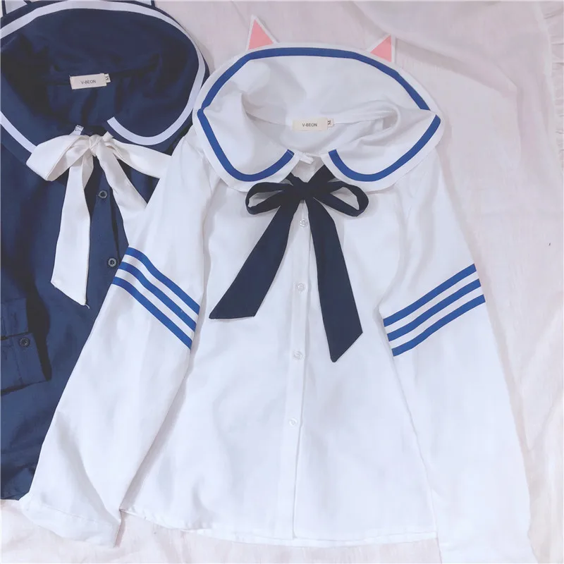 Женская блузка с бантом осенняя рубашка в стиле Харадзюку темно синего цвета для
