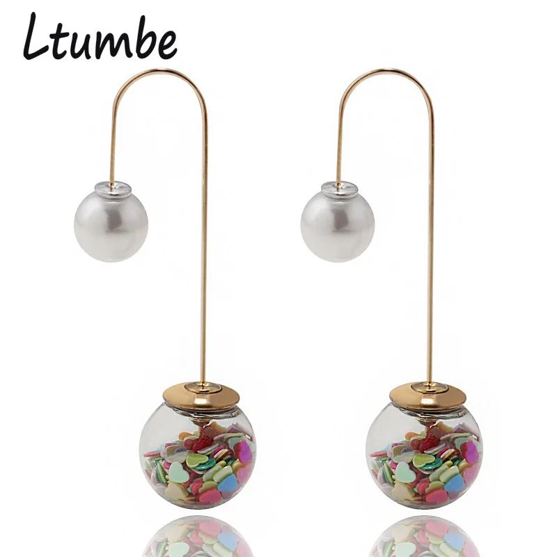 

Ltumbe Fancy Jewelry Gold Color Double Sides Simulated Pearl Earrings Shining Heart Ball Earrings For Women Long Hang Jewelry