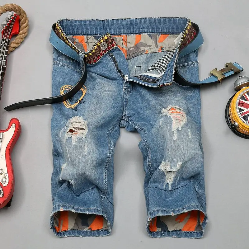 New embroidery knee length jean for men top quality 12 denim pants