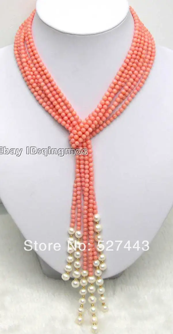 

FREE SHIPPING>>@> Wholesale fast 3 Strands 47" Natural Pink Coral & White Pearl Necklace NEW