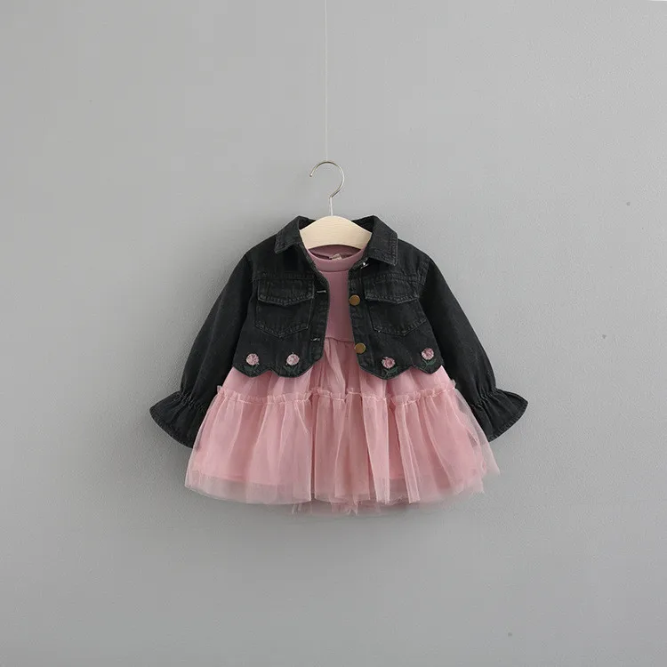 Girls Clothes Autumn 2018 Denim Coat + Mesh Dress Set Girl Suit For Baby Girl Girls Christmas Outfit Fashion Clothing For Girls100