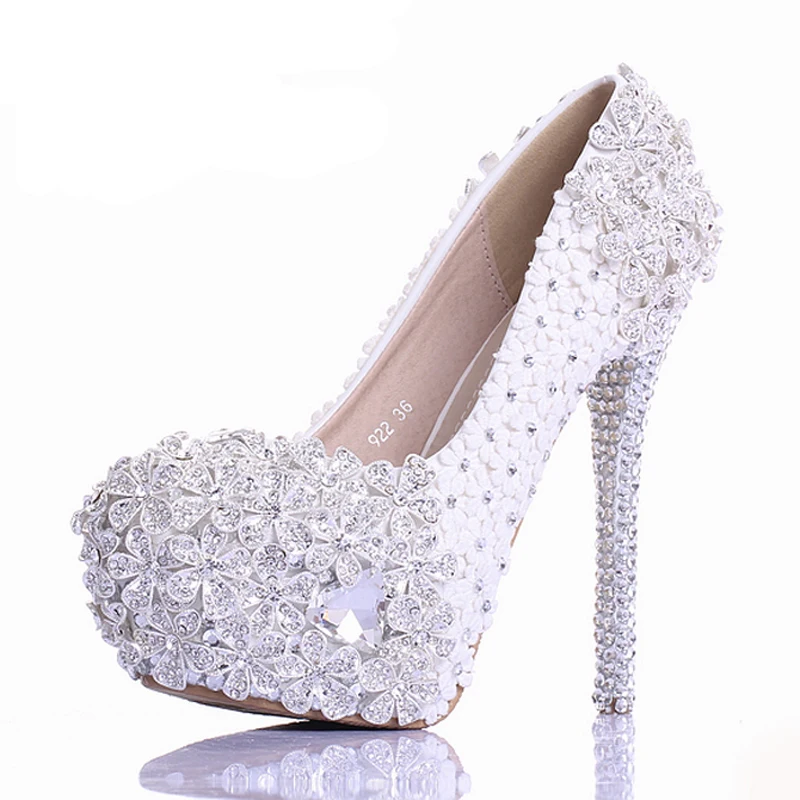 Handgefertigte Luxus Pumpen Schuhe Abend 14cm White Frühling Heel Heels Brautschuhe High 2018 Spitze Neueste 12cm Weiße Prom white 10cm Blume Hochzeit Strass Design Heels Cqfvwqz