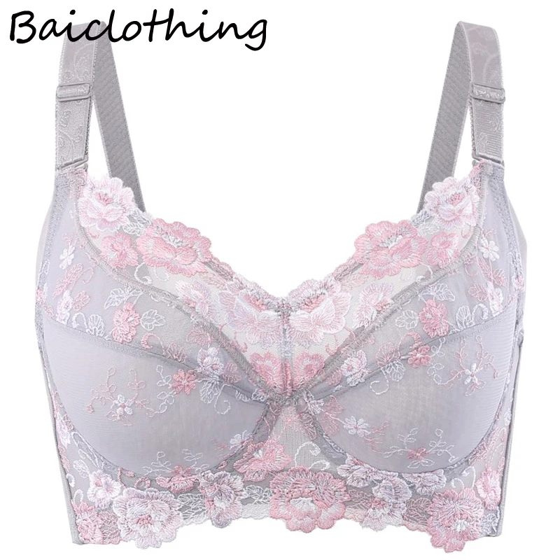

BAICLOTHING Womens Ultra-thin Full Coverage Underwire Lace Floral Embrodiery Plus Size Bra 34 36 38 40 42 44 46 48 B C D E F G H