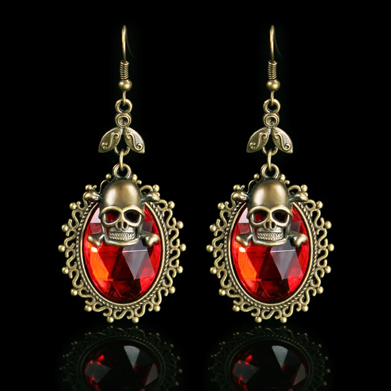 Women Earrings Fashion Punk Retro Bronze Pirate Skull Cross Bones Poison Dangle Flower Rhinestone Hook Drop Earring Lady Vintage 5