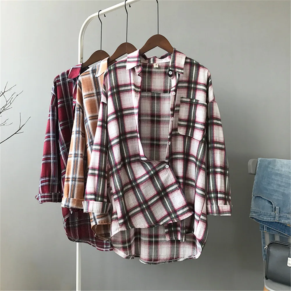 Autumn Boyfriend Style Women Blouse 2018 All Occasion Match casual College shirt long sleeve turn-down collar Plaid Office Shirt (3)