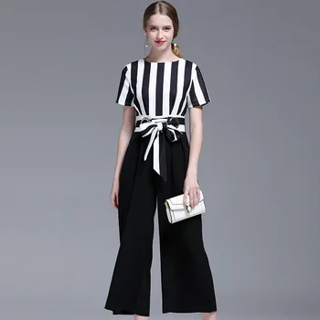 

Jumpsuits Summer Women Splicing Black and White Stripes 2019 New Round Collar Bow Tie Chiffon Waist Collection Fashionable
