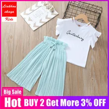 Модный комплект одежды для девочек, г. Топы для девочек, футболка с цветочным рисунком+ шифоновые штаны, костюм из 2 предметов детский летний костюм Одежда для девочек