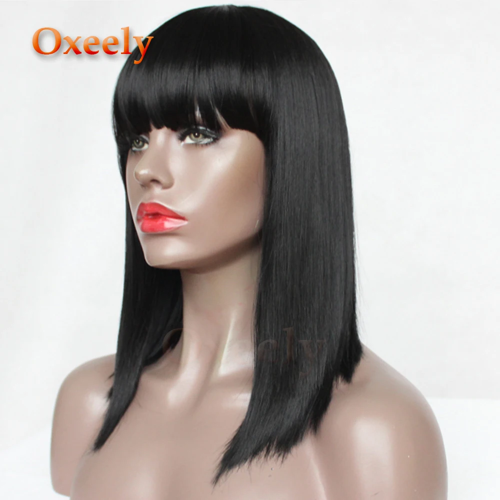 Oxeely BOB Cut Hair Synthetic Hair Full Wigs Black Color Short Bob Straight Wig with Full Bangs None Lace Wig for Beauty Women