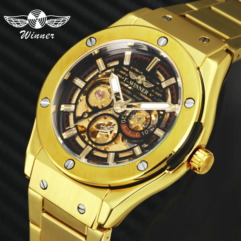 الفائز الورك هوب الذهبي الرجال السيارات الميكانيكية ووتش المعادن حزام الهيكل العظمي الطلب أعلى العلامة التجارية الفاخرة تصميم FORSINING الذكور ...
