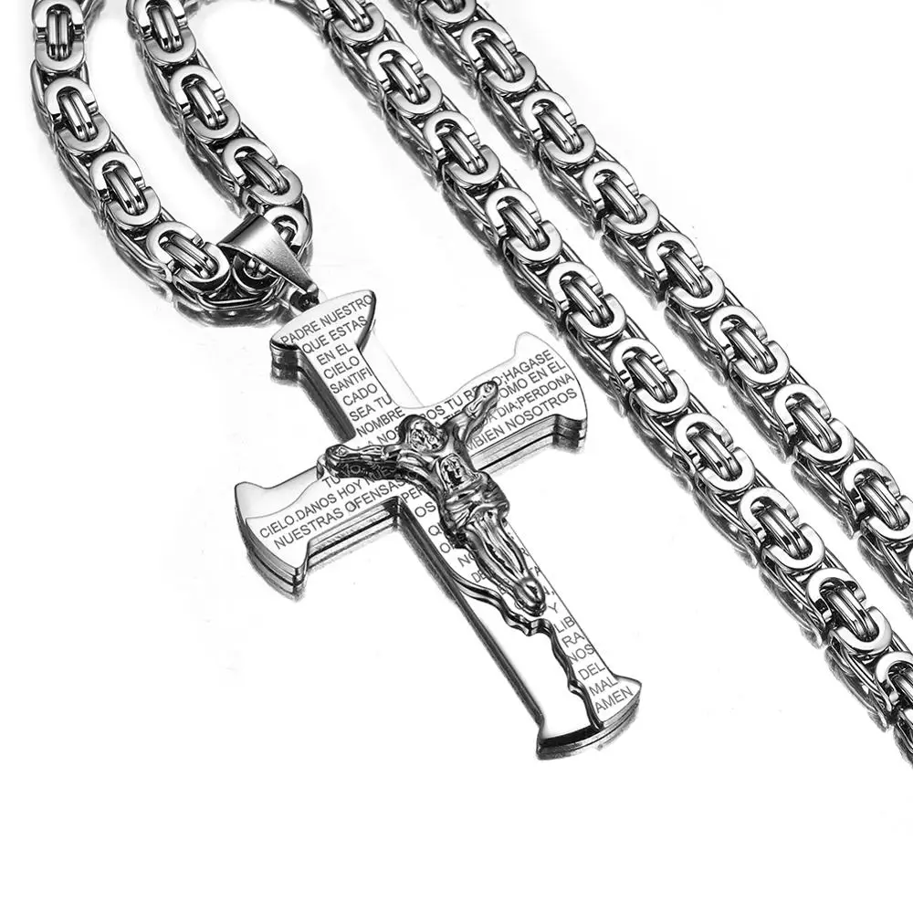 Elegant Jesus Crucifixion Cross Pendant Necklace - Gold, Silver, Black Stainless Steel Byzantine Chain