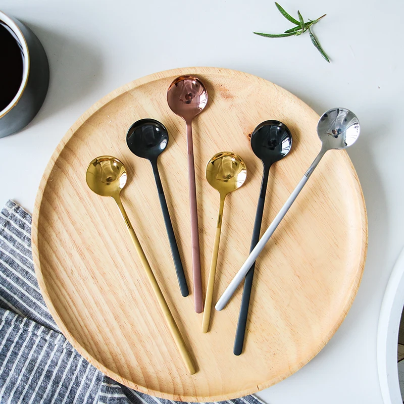 

Nordic ins creative 304 stainless steel cute round head coffee spoon long handle golden honey stir smaller tune