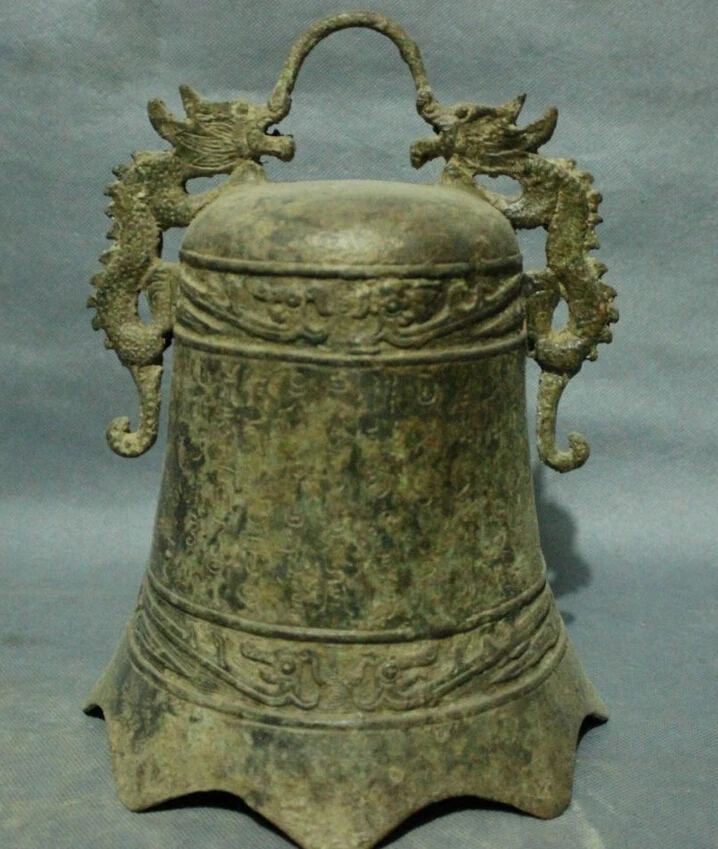 

S4640 11" Old Tibet Bronze Dynasty Dragon Head Statue Buddhism Temple Protect Bell D0318